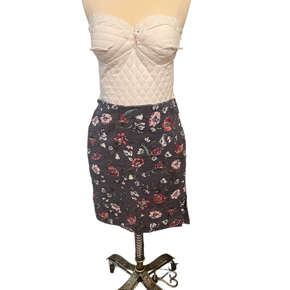 Loft floral woven cotton pencil skirt blue with pink purple and green flowers 4P